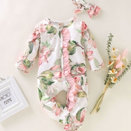 Baby Jente Lange Ermer Rund Hals Blomsterprint Jumpsuit Dekket Hem Med Hodeplagg