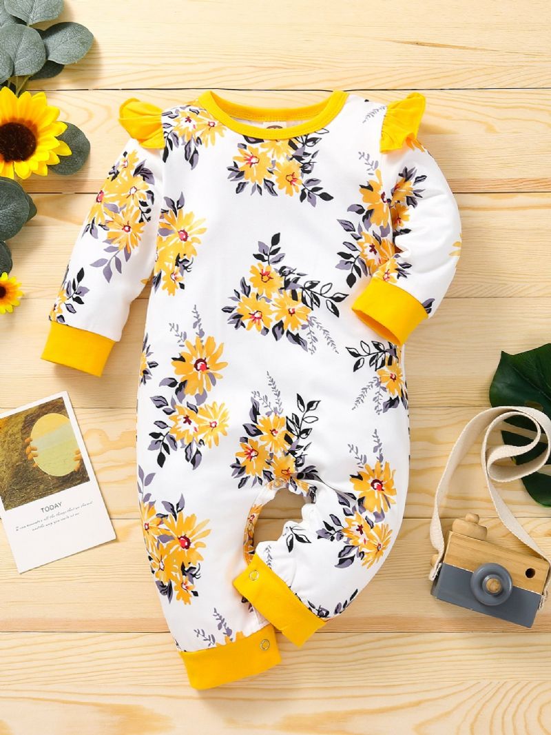 Baby Jenter Blomstertrykt Mønster Kontrast Trim Jumpsuit