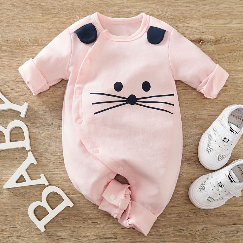 Baby Jenter Bomull Langermet Jumpsuit Bukse Med Søt Kattunge Print