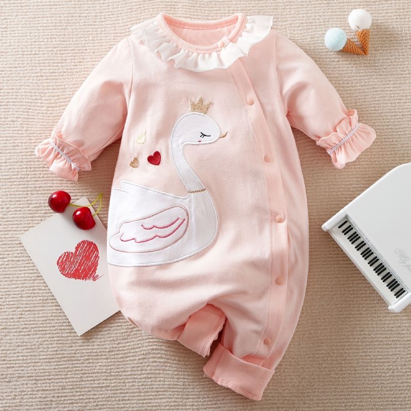 Baby Jenter Bomulls Jumpsuits Langermede Rompers Med Swan Print