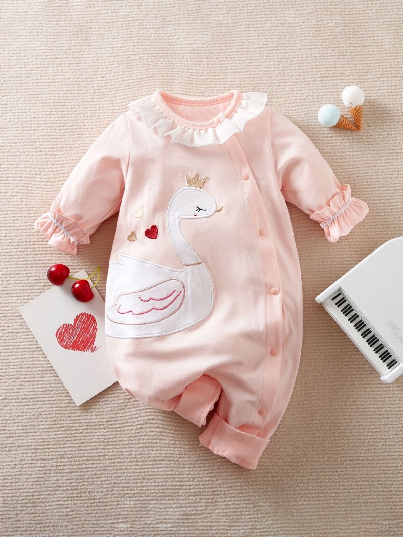 Baby Jenter Bomulls Jumpsuits Langermede Rompers Med Swan Print