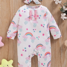 Baby Jenter Bomulls Jumpsuits Og Pannebåndsett Med Regnbuestjernetrykk