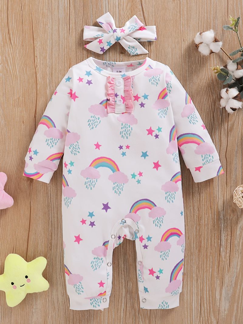 Baby Jenter Bomulls Jumpsuits Og Pannebåndsett Med Regnbuestjernetrykk