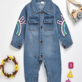 Baby Jenter Casual Søt Denim Romper Langermet Lapel Jumpsuit Med Letter Print For Winter