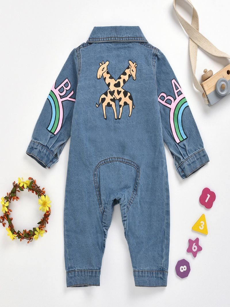 Baby Jenter Casual Søt Denim Romper Langermet Lapel Jumpsuit Med Letter Print For Winter