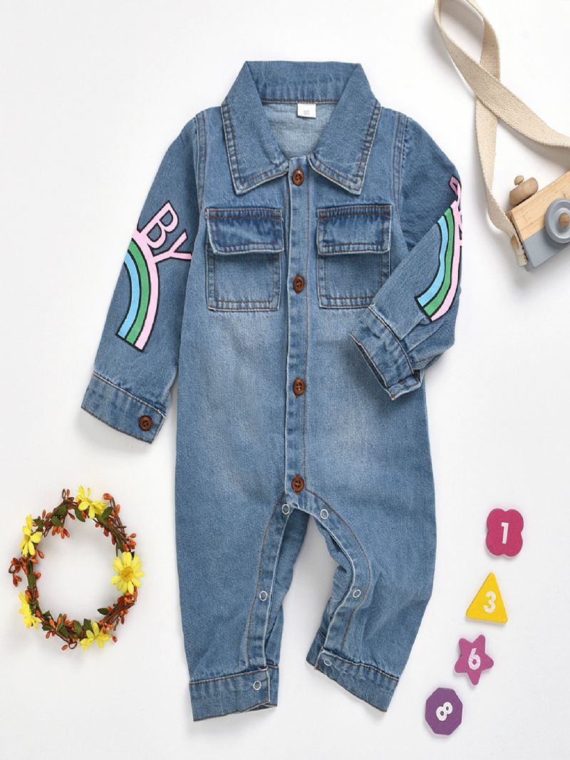 Baby Jenter Casual Søt Denim Romper Langermet Lapel Jumpsuit Med Letter Print For Winter