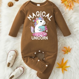 Baby Jenter Casual Søt Romper Med Unicorn Print Langermet Crew Neck Jumpsuit