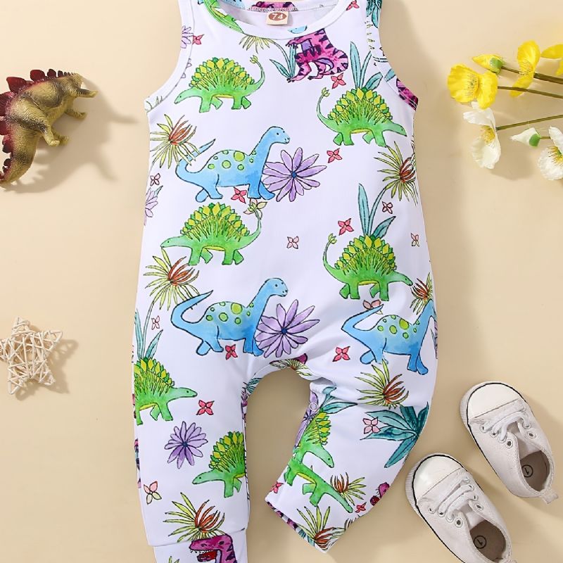 Baby Jenter Ermeløse Romper Jumpsuit Med Tegneserie Dinosaur Prin