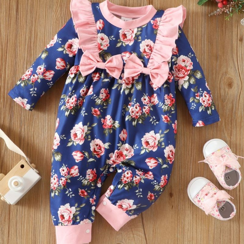 Baby Jenter Floral Print Sløyfe Blonde Trim Jumpsuit