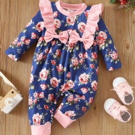 Baby Jenter Floral Print Sløyfe Blonde Trim Jumpsuit