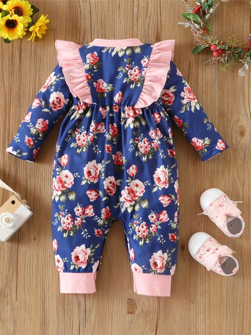 Baby Jenter Floral Print Sløyfe Blonde Trim Jumpsuit