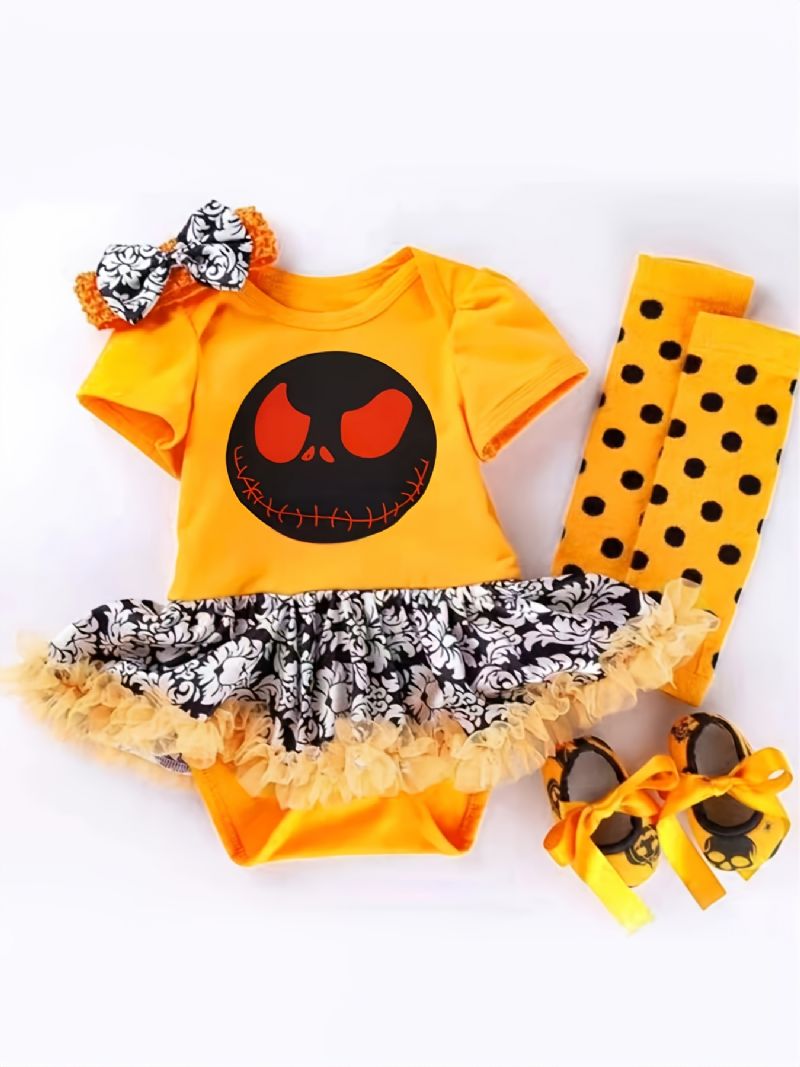 Baby Jenter Ghost Print Crop Sleeve Triangle Jumpsuit & Pannebånd