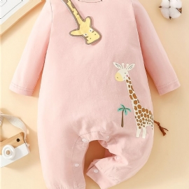 Baby Jenter Giraffe Coconut Tree Printed Langermet Jumpsuit