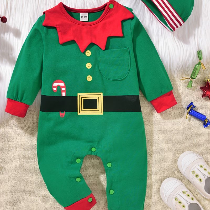 Baby Jenter Gutter Bomull Jumpsuits & Hatt Sett Til Jul