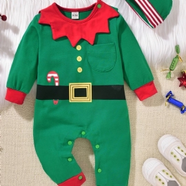 Baby Jenter Gutter Bomull Jumpsuits & Hatt Sett Til Jul