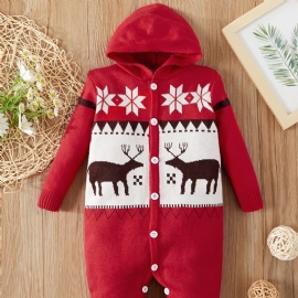 Baby Jenter Gutter Hette Strikk Jumpsuit Thermal Onesie Med Elg Mønster For Winter Christmas