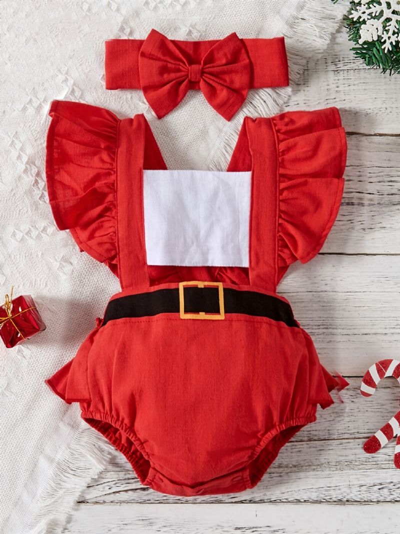 Baby Jenter Gutter Ruffle Sleeve Romper + Pannebåndsett Bodysuit Onesie Jumpsuit Babyklær Til Jul