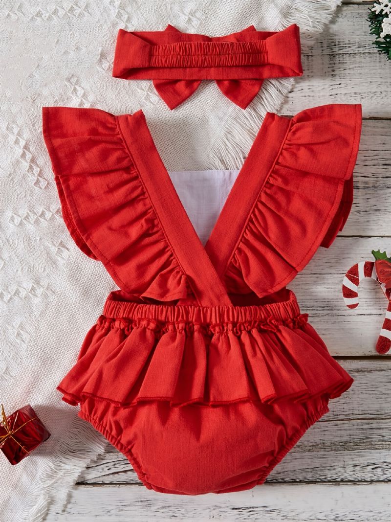 Baby Jenter Gutter Ruffle Sleeve Romper + Pannebåndsett Bodysuit Onesie Jumpsuit Babyklær Til Jul