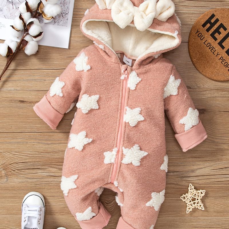 Baby Jenter Hette Fleece Jumpsuit Med Sløyfe Stjernedekor For Vinter Babyklær