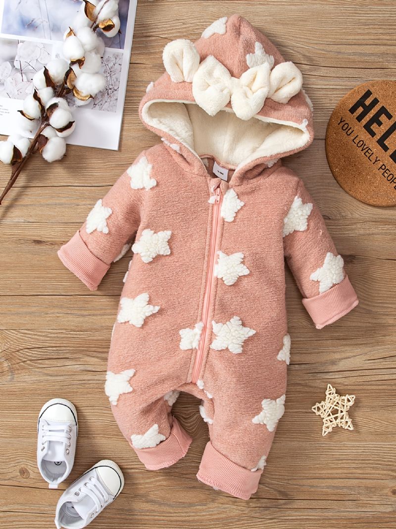 Baby Jenter Hette Fleece Jumpsuit Med Sløyfe Stjernedekor For Vinter Babyklær