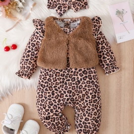 Baby Jenter Lange Armer Leopard Print Jumpsuits Med Patchwork Vest Og Pannebånd Sett