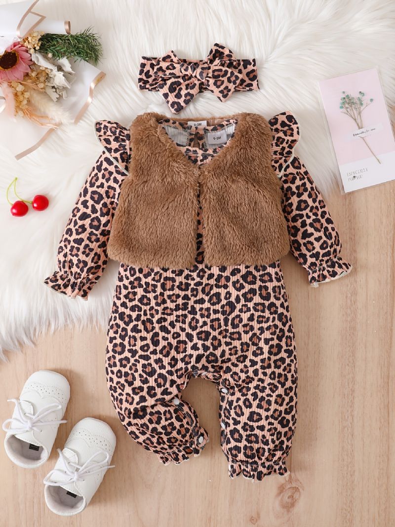 Baby Jenter Lange Armer Leopard Print Jumpsuits Med Patchwork Vest Og Pannebånd Sett