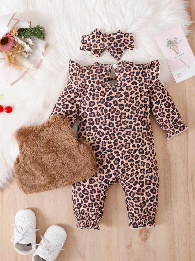 Baby Jenter Lange Armer Leopard Print Jumpsuits Med Patchwork Vest Og Pannebånd Sett