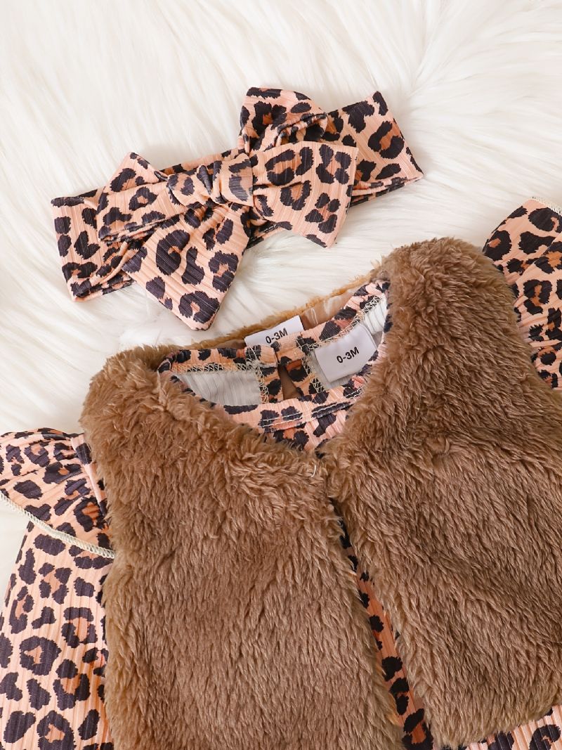 Baby Jenter Lange Armer Leopard Print Jumpsuits Med Patchwork Vest Og Pannebånd Sett