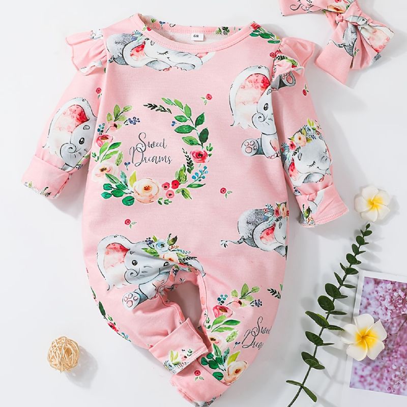 Baby-jenter Lange Ermede Jumpsuits Med Blomsterelefanttrykk