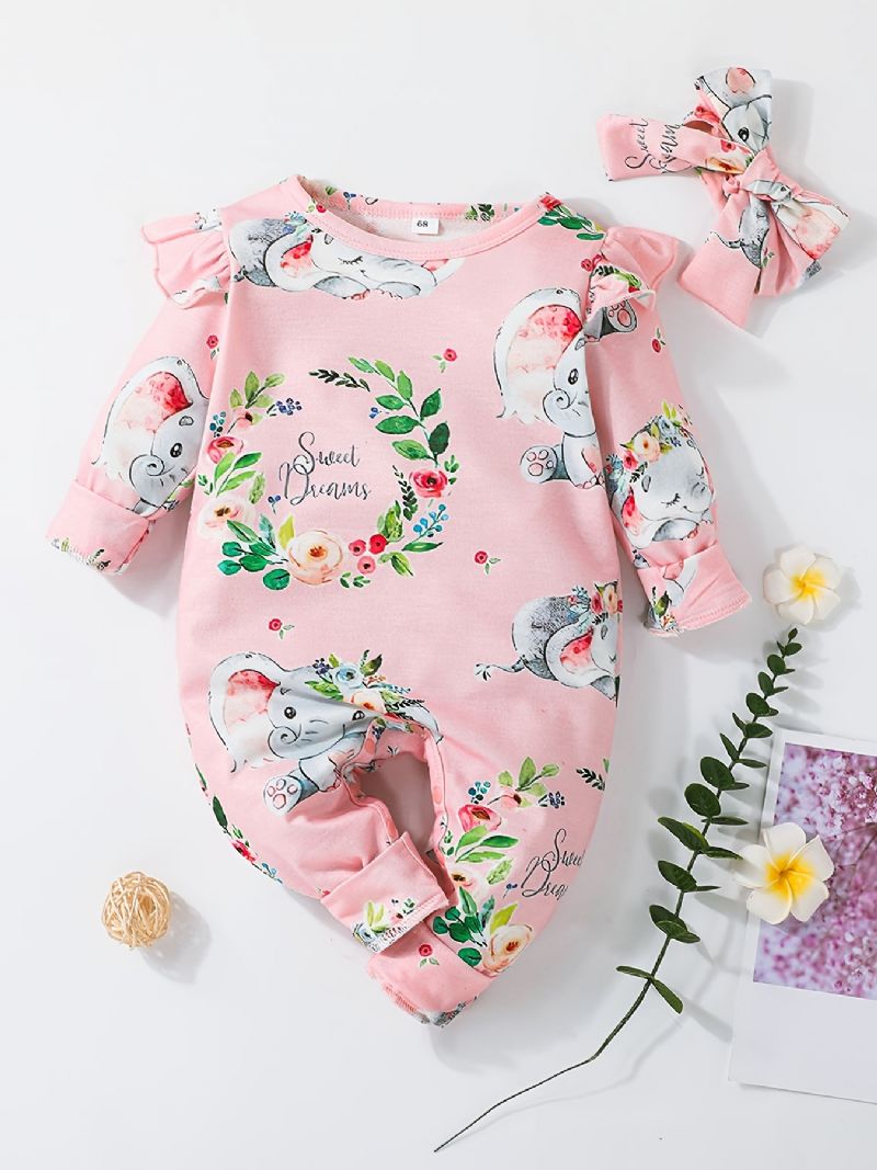 Baby-jenter Lange Ermede Jumpsuits Med Blomsterelefanttrykk