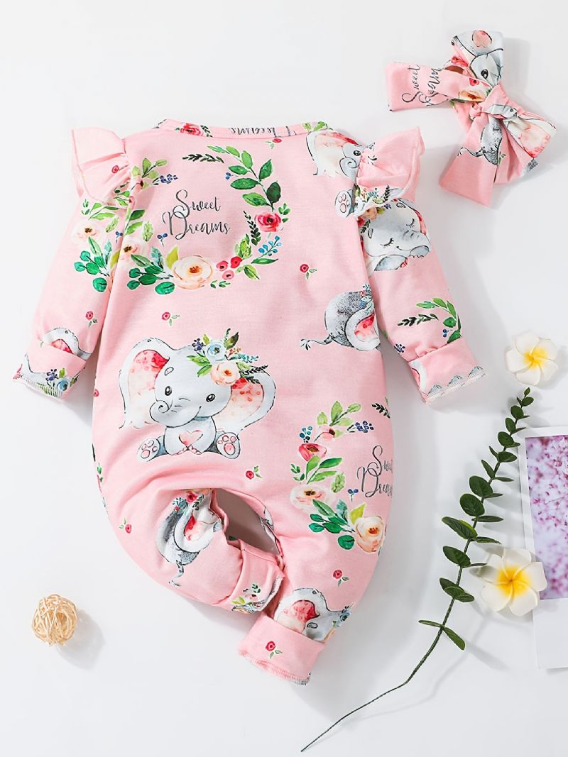 Baby-jenter Lange Ermede Jumpsuits Med Blomsterelefanttrykk