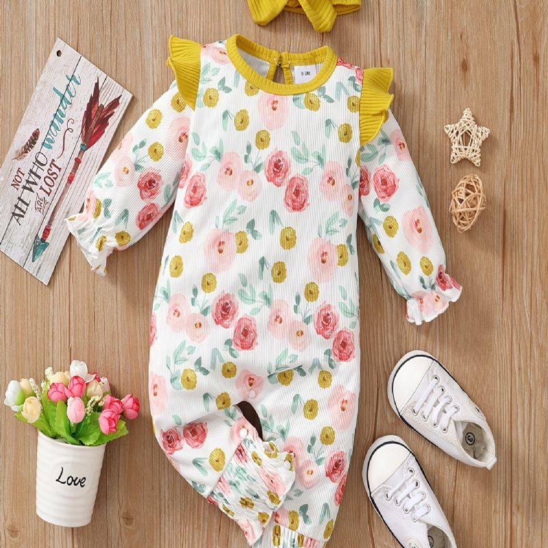 Baby Jenter Langermet Blomstermønster Jumpsuit + Pannebånd Set Romper Babyklær