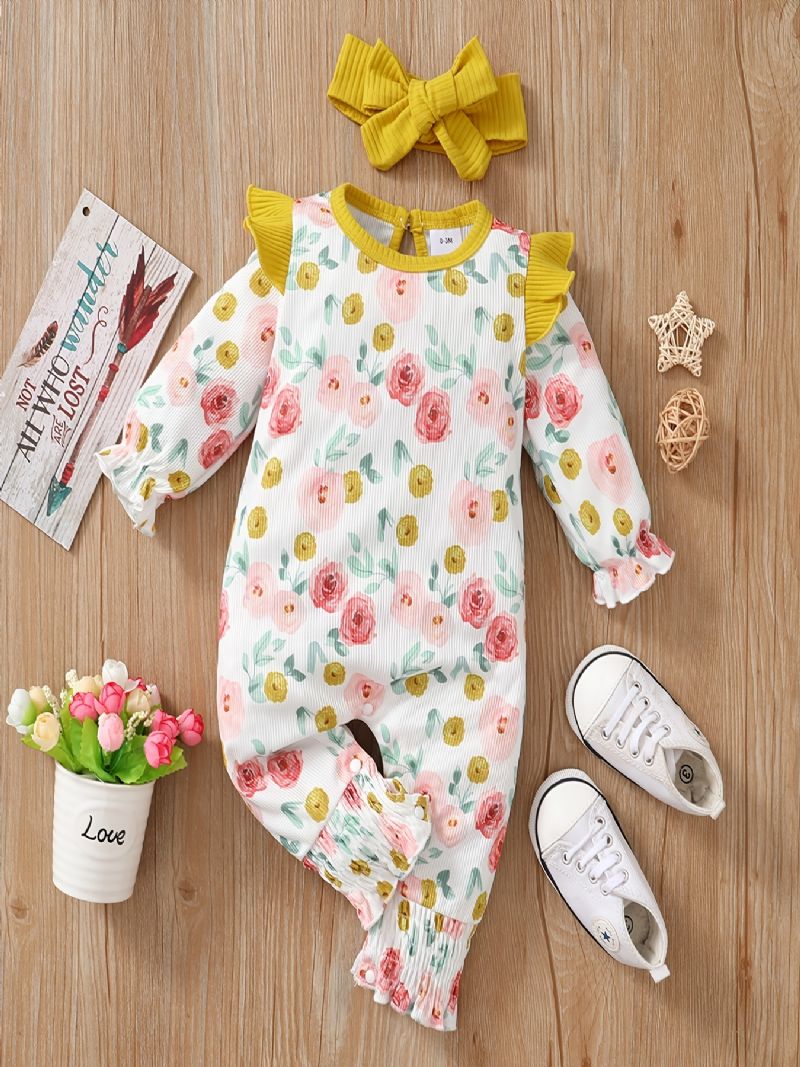 Baby Jenter Langermet Blomstermønster Jumpsuit + Pannebånd Set Romper Babyklær