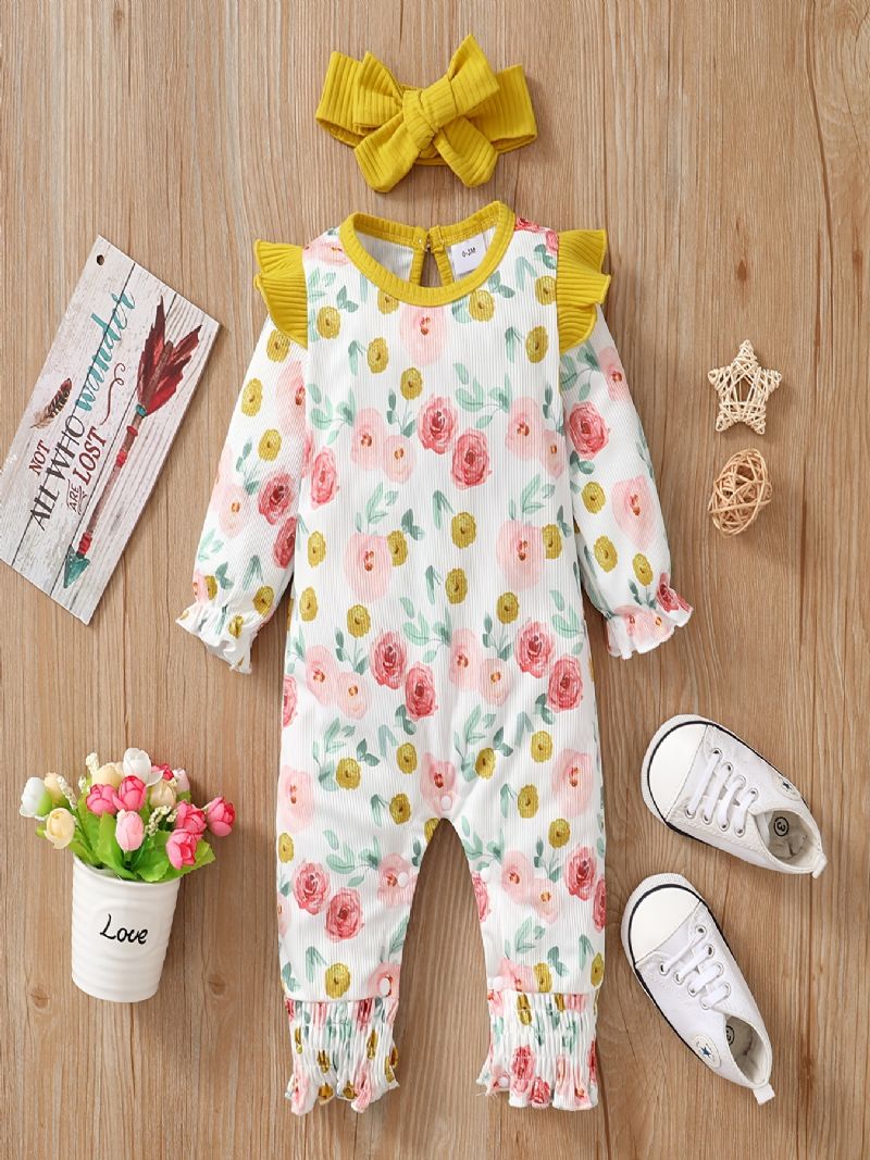 Baby Jenter Langermet Blomstermønster Jumpsuit + Pannebånd Set Romper Babyklær