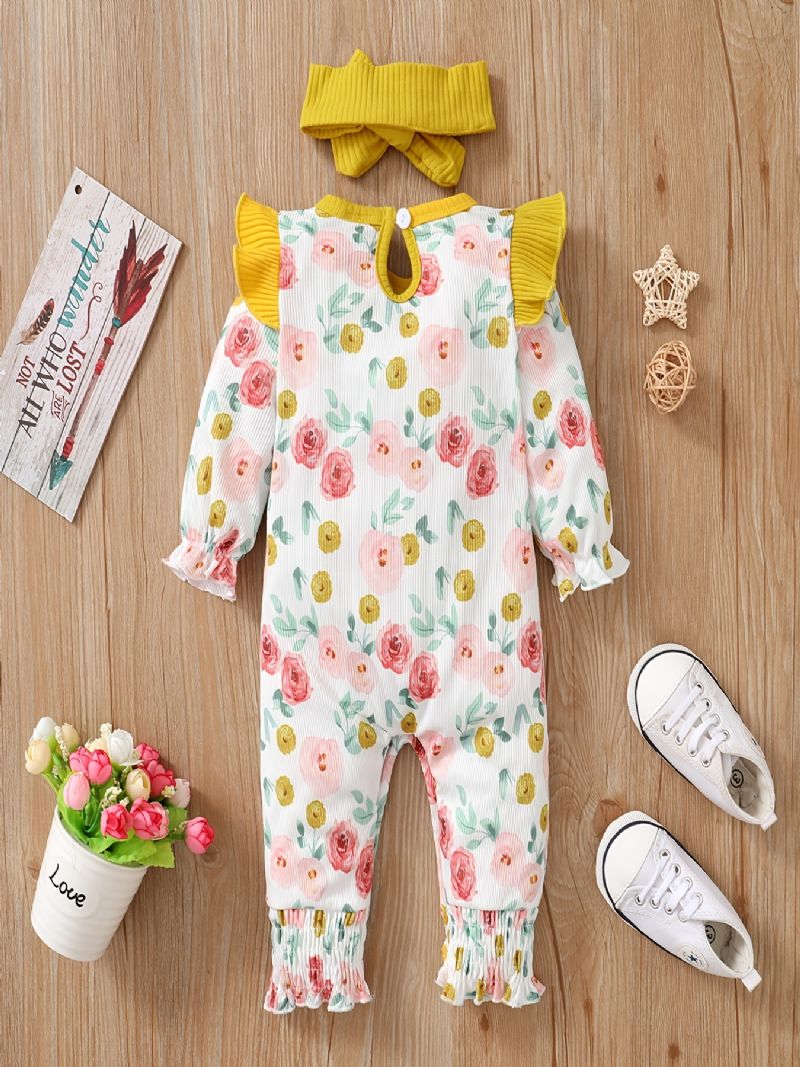 Baby Jenter Langermet Blomstermønster Jumpsuit + Pannebånd Set Romper Babyklær