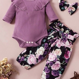 Baby Jenter Langermet Bukse + Blomstermønster + Pannebåndsett Babyklær Antrekk Bodysuit Onesie Jumpsuit