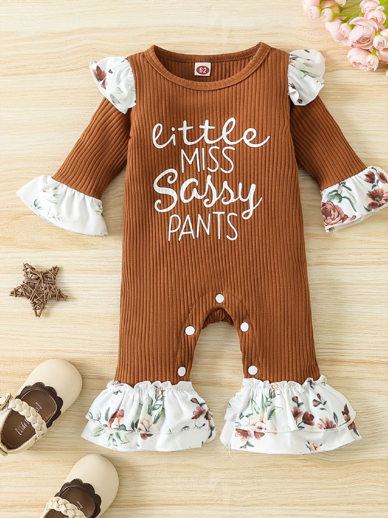 Baby Jenter Letter Flying Sleeve Langermet Trykt Romper Jumpsuit