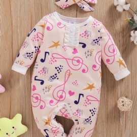 Baby Jenter Note Full Print Langermet Jumpsuit + Hodeskjerf