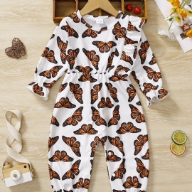 Baby Jenter Romper Butterfly Print Ruffle Langermet Jumpsuit Barneklær