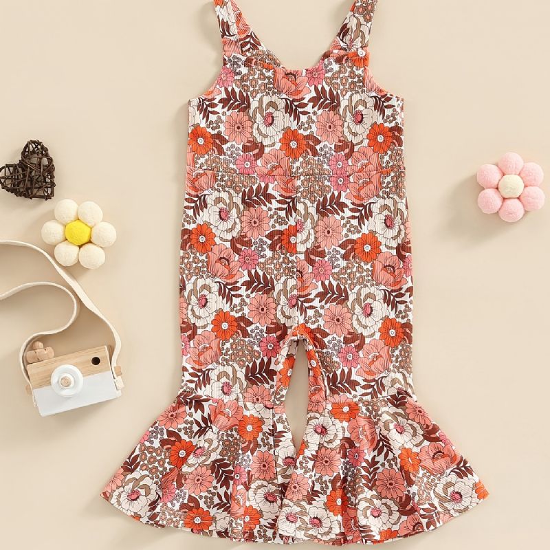 Baby Jenter Romper Flower Print Overalls Ermeløs Suspender Flare Leg Bukser Jumpsuit Barneklær