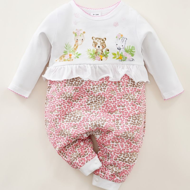 Baby Jenter Rompers Søt Tegneserie Dyr Langermet Floral Trim Rund Hals Jumpsuit