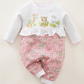 Baby Jenter Rompers Søt Tegneserie Dyr Langermet Floral Trim Rund Hals Jumpsuit