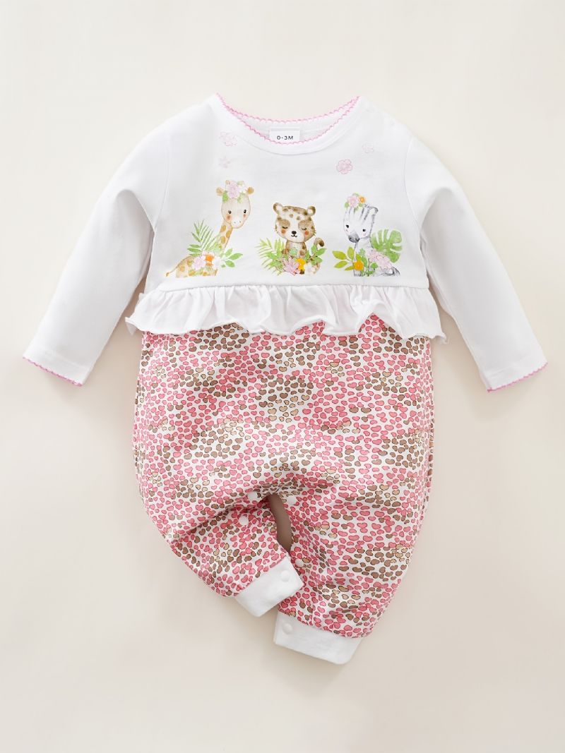 Baby Jenter Rompers Søt Tegneserie Dyr Langermet Floral Trim Rund Hals Jumpsuit