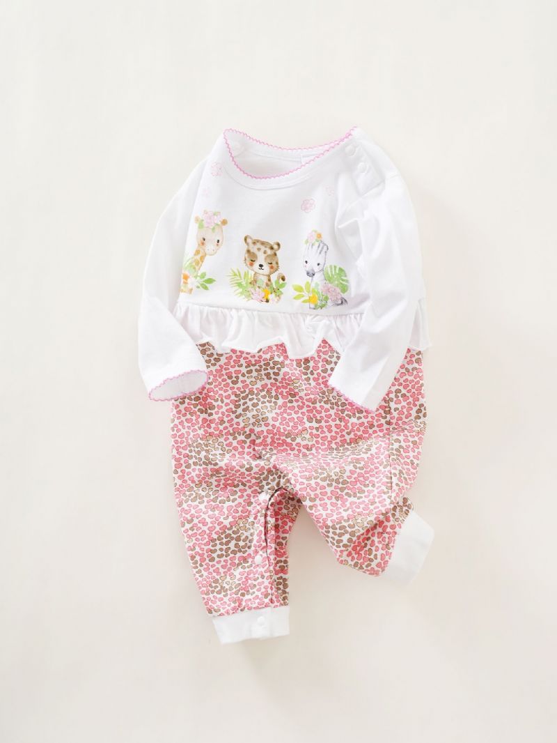 Baby Jenter Rompers Søt Tegneserie Dyr Langermet Floral Trim Rund Hals Jumpsuit