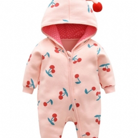 Baby Jenter Rosa Søt Cherry Cotton Komfortabel Hette Jumpsuit Høst Vinter