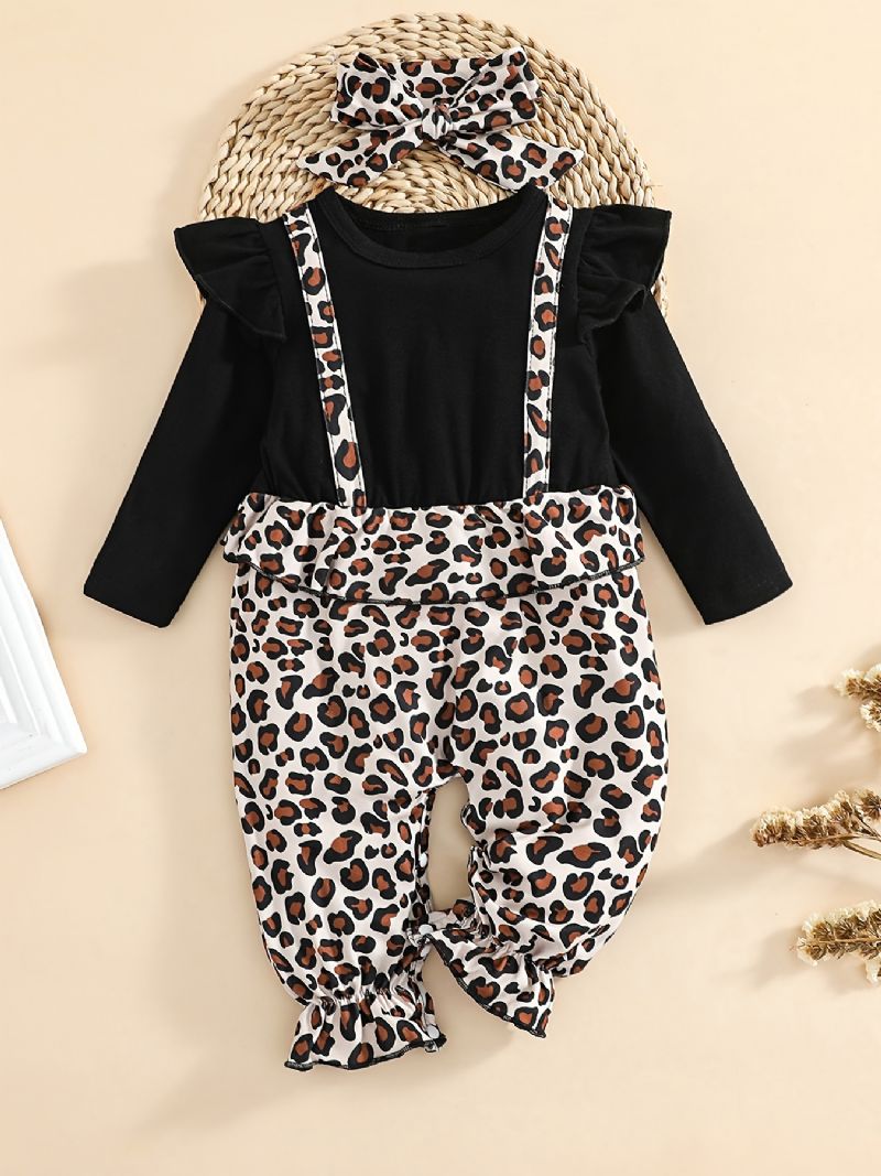 Baby Jenter Ruffle Langermet Patchwork Jumpsuit Med Leopard Print Babyklær