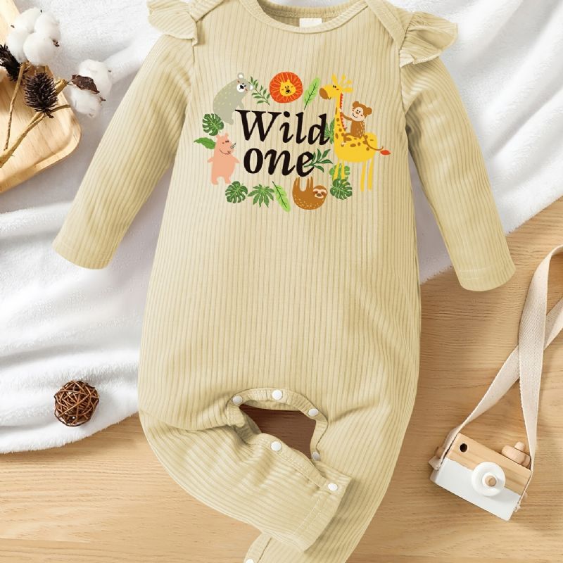 Baby Jenter Søt Tegneserie Zoo Flyermet Bukse Med Wild One Print Langermet Crew Neck Myk Ribbete Jumpsuit