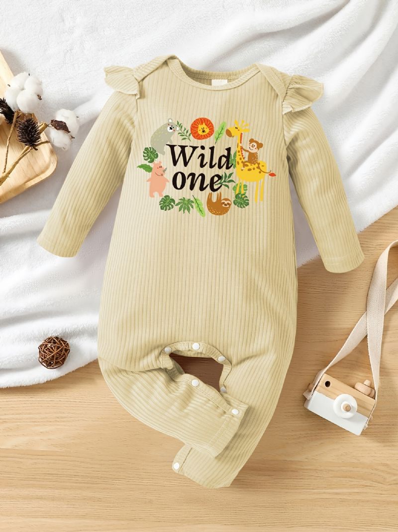 Baby Jenter Søt Tegneserie Zoo Flyermet Bukse Med Wild One Print Langermet Crew Neck Myk Ribbete Jumpsuit