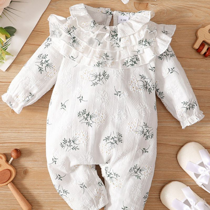 Baby Jenter Sweet Floral Print Ruffle Sleeve Jumpsuit & Hårbånd Babyklær