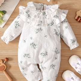 Baby Jenter Sweet Floral Print Ruffle Sleeve Jumpsuit & Hårbånd Babyklær